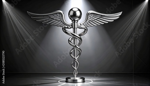 Polished Chrome Caduceus Symbol with Wings Reflecting Light
