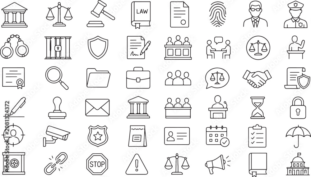 Naklejka premium Collection of legal and justice icons in line style