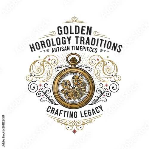 Quadro su tela Ornate horology traditions logo with vintage pocket watch.