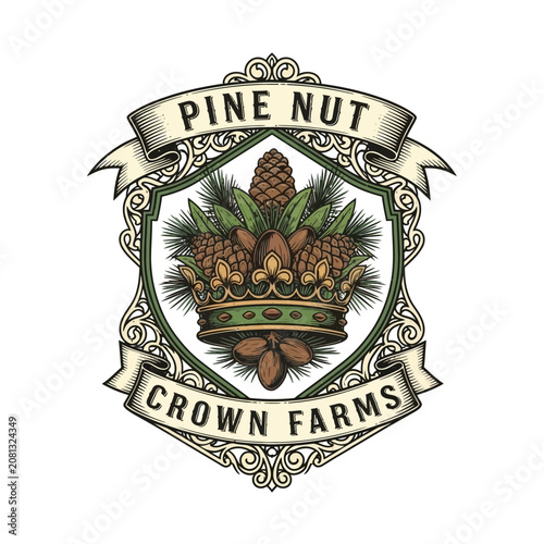 Photos Ornate pine nut crown logo for specialty farms.