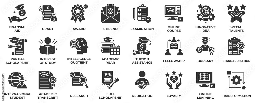 Obraz premium Scholarship icon set collection in solid glyph style, an icon pack contain business, financial, award, online course, innovation, idea, intelligence, academic and fellowship. Vector Illustration.