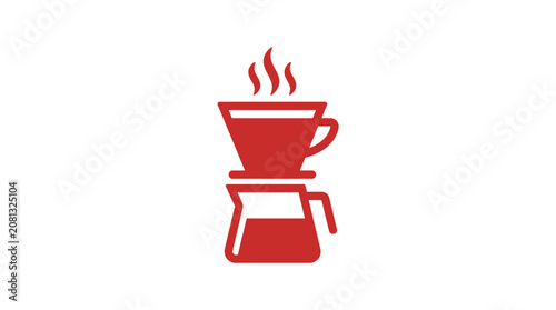 A minimalist red icon of a coffee dripper and carafe on a white background