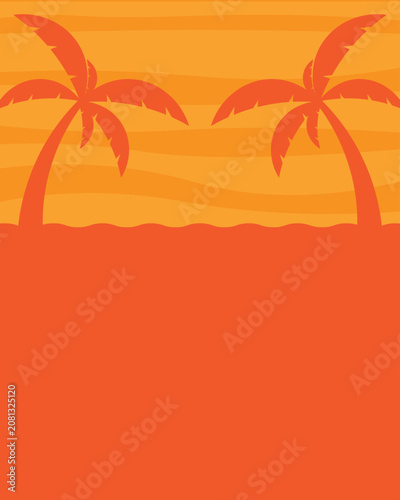 Warm tropical sunset background with palm tree silhouettes and vibrant orange tones, suitable for summer-themed designs and promotional materials.