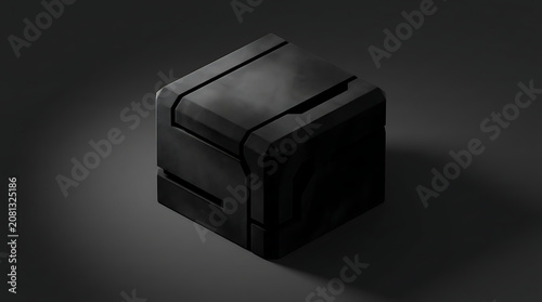 Minimalist black metal cube floating in dark abstract space