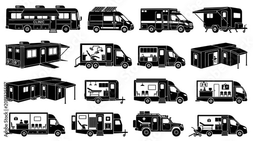 Medical Mobile Clinic Vehicles  Emergency Services Black Silhouettes Icons Set: Healthcare Vans, Ambulances, Units
