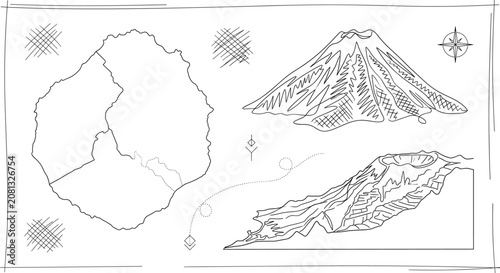 Schilderij op canvas Reunion Island Outline Map Set with Piton de la Fournaise Volcano Vector Illustr