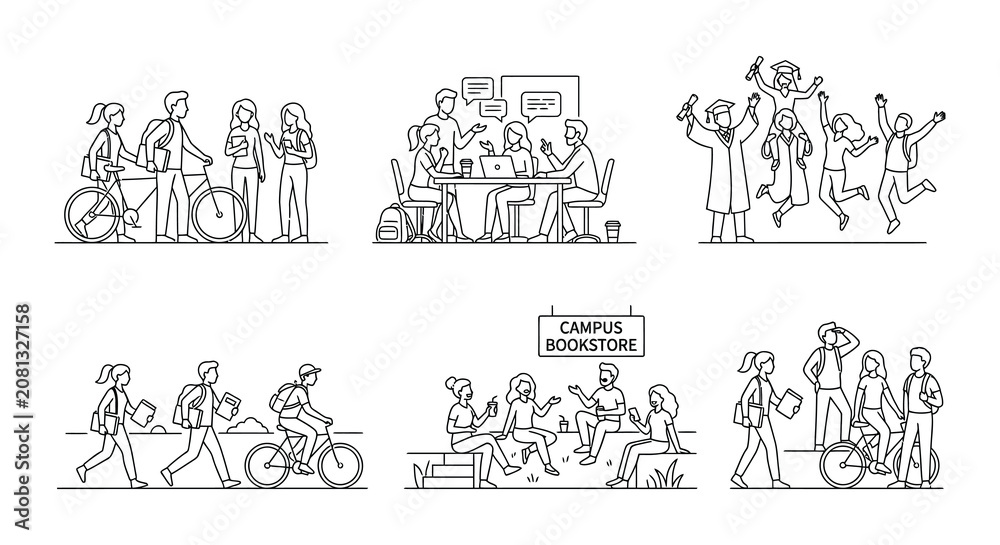 Fototapeta premium Campus life vector illustration with students bicycles and bookstore signage