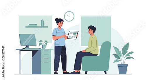 Doctor showing medical results on tablet to patient consulting in clinic office room