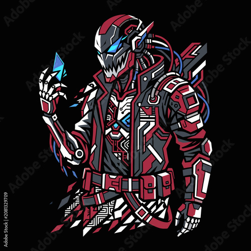 Intricate cybernetic character holds a glowing blue crystal