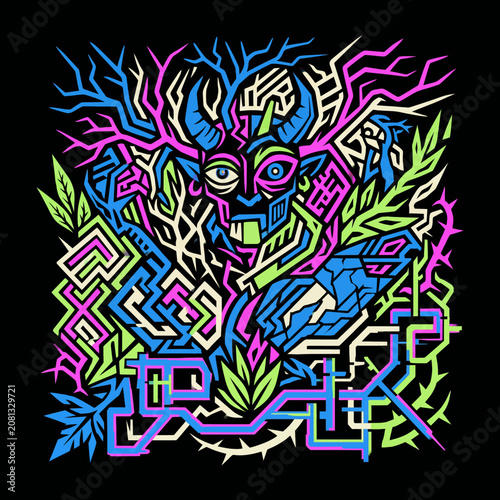 Colorful abstract horned creature with intricate organic maze patterns