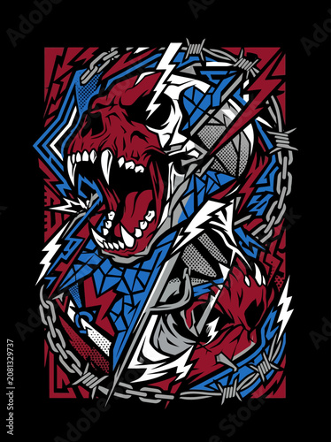 Aggressive monster skull illustration with lightning and chains