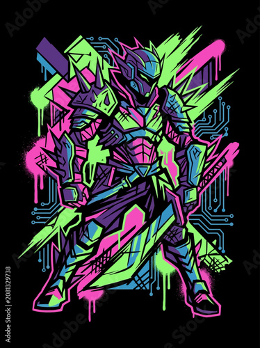 Futuristic armored figure in vibrant neon colors and circuits