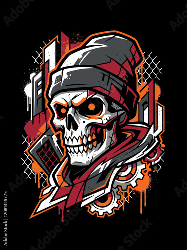 Vibrant skull illustration with a beanie and urban background details