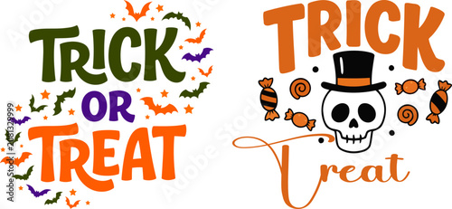 Foto Halloween trick or treat typography bundle with bats and top hat skull vector il