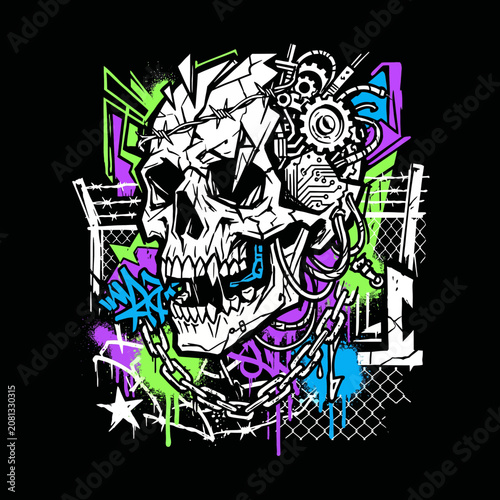 Cyberpunk skull illustration with barbed wire and vibrant graffiti