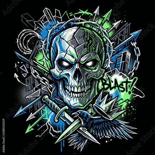 Cybernetic skull illustration with barbed wire and urban elements