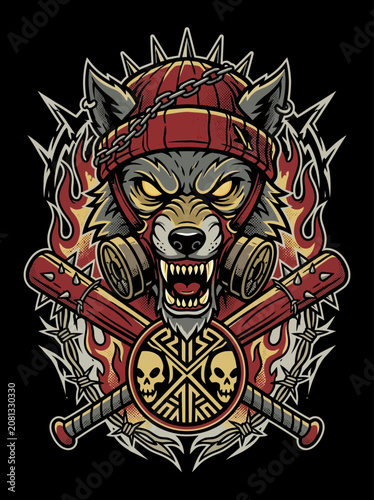 Street style wolf with gas mask and spiked bats artwork