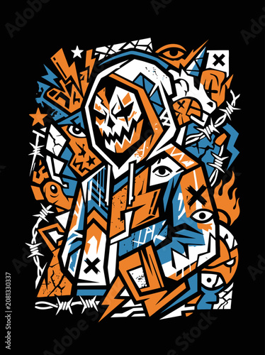 Dynamic illustration of a hooded figure with abstract shapes