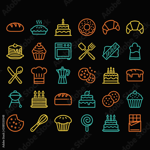 A collection of colorful neon bakery and dessert icons set