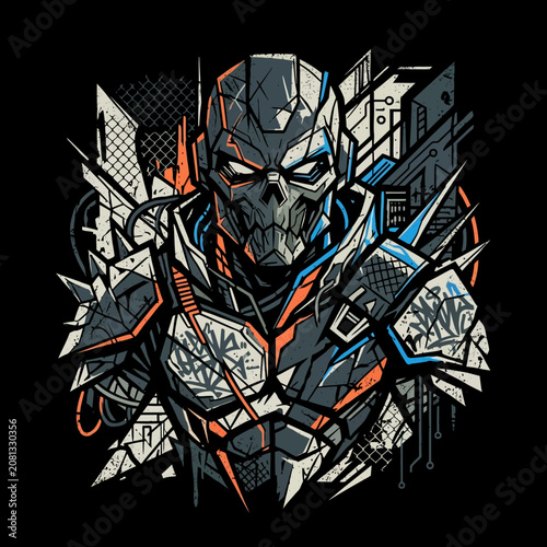Gritty futuristic warrior with a skull mask and cybernetic armor