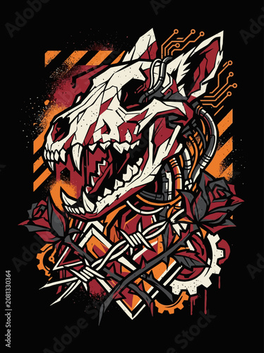 Cybernetic animal skull illustration with roses and barbed wire