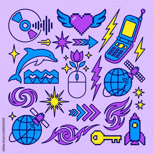A collection of colorful retro digital icons on purple background