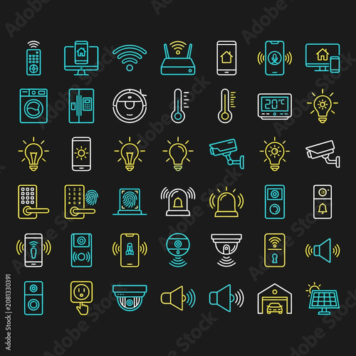A collection of smart home technology icons on dark background