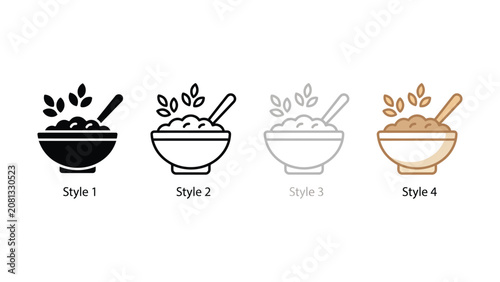 Quadro su tela Four different styles of oatmeal bowls with spoons and leaves on white backgroun