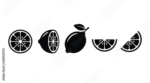 A set of black and white lemon icons featuring slices and whole fruit vector graphics
