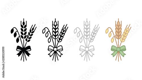 Foto Four wheat sheaf bouquets with colorful ribbons on white background  agricultura