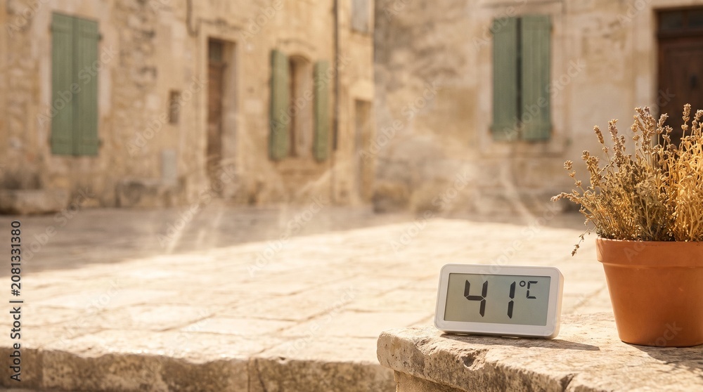 Fototapeta premium A sun-bleached stone square in France shimmers under a relentless heat dome, with a digital thermometer, closed green shutters, dry potted herbs, and wavering air above pale paving stones.