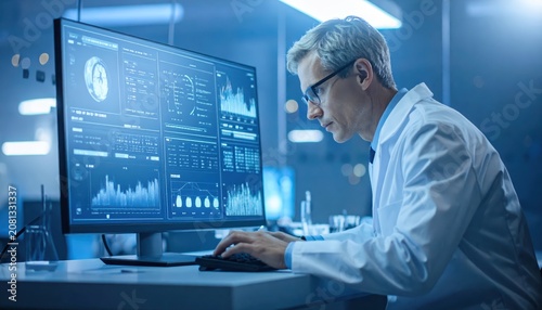 Scientist Analyzing Medical Data on Multiple Monitors in a Lab
