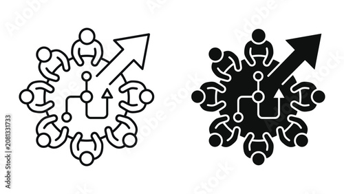 Corporate group meeting with strategic planning and direction icon set, business