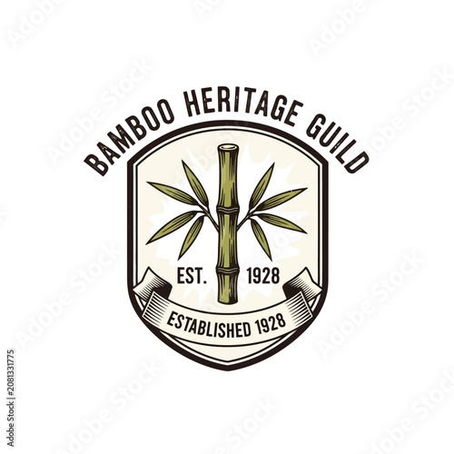 Photography Vintage bamboo heritage guild emblem with stalks and leaves.