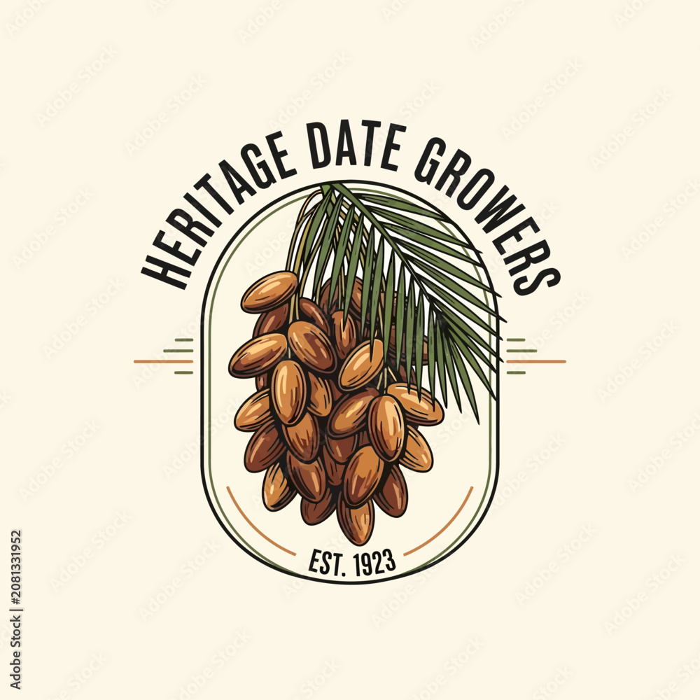 Obraz premium Vintage heritage date growers emblem featuring dates and palm leaves.