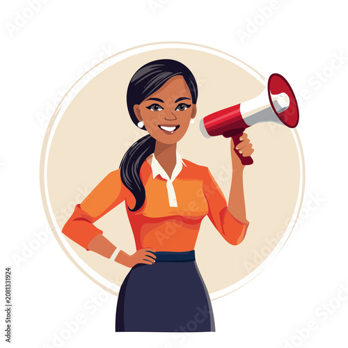 Woman holding megaphone flat vector illustration