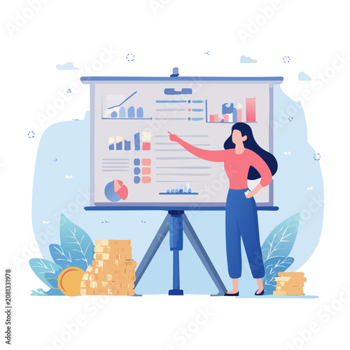 Woman presenting data on flipchart in flat illustration style