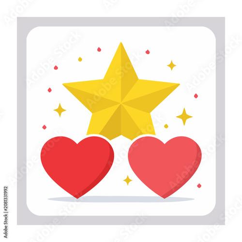 Yellow Star and Red Hearts Flat Illustration