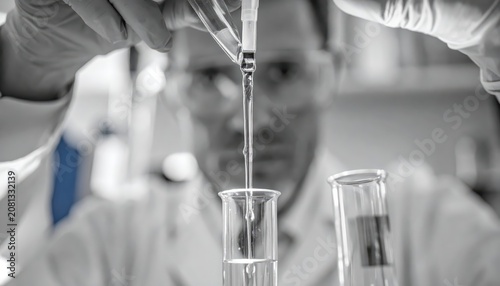Scientist carefully pouring clear liquid between laboratory beakers for precise research