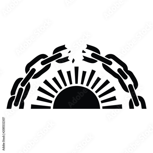 Fotografie Broken chain over sun rays icon representing freedom and liberation concept vector silhouette