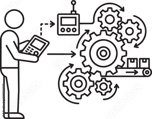 Person controlling industrial automation system with tablet and robot