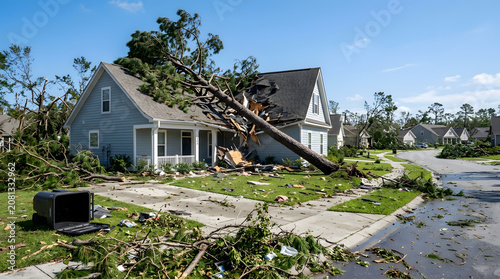 Suburban house severely damaged by a fallen tree after a hurricane strike