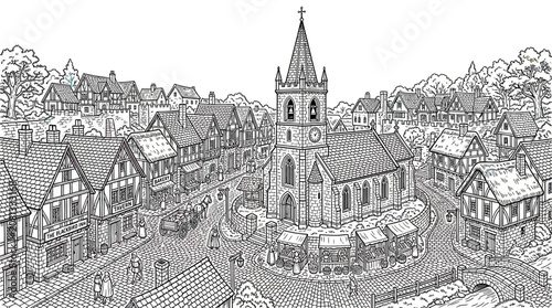 Cuadro en lienzo Medieval Village Scene with Church and Market Stalls, Black and White Illustrati