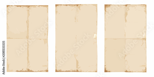 Foto three vertical sheets of old folded beige paper on white background document par