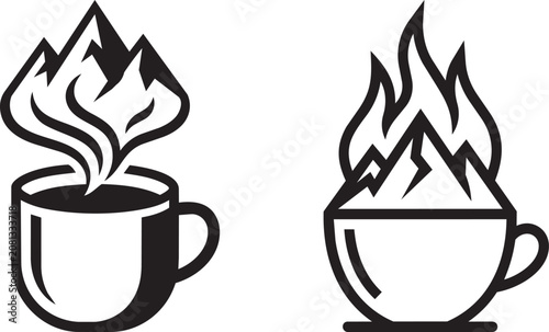 Hot and cold coffee cup icons with steam and fire effects