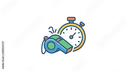 A colorful flat vector illustration of a sports whistle and a stopwatch