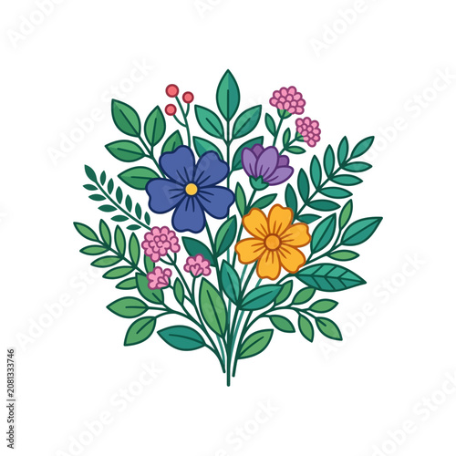 A colorful illustration of a vibrant floral bouquet with green leaves on a white background