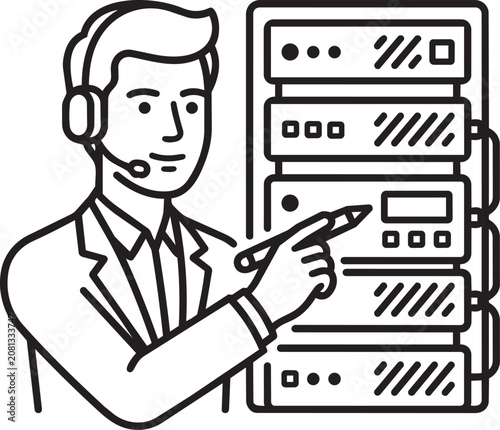 Professional technician pointing at network server rack with headset