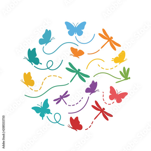 A colorful circular arrangement of various flying insects and butterflies