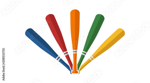 A collection of colorful baseball bats arranged in a fan shape on a white background